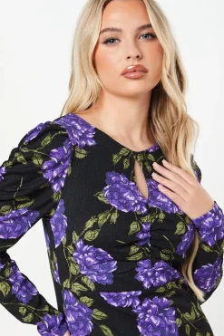 Petite Blue Floral Ruched Keyhole Front Midi Dress
