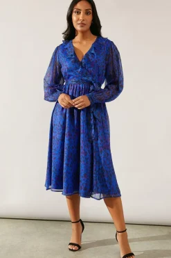 Petite Blue Leopard Ruffle Wrap Midi Dress