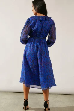 Petite Blue Leopard Ruffle Wrap Midi Dress