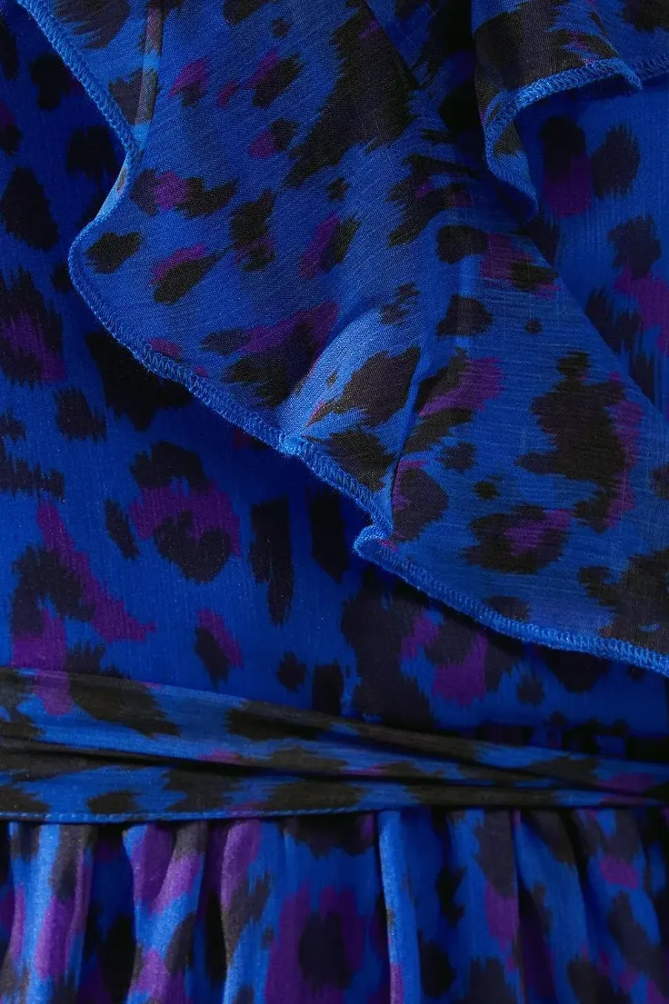Petite Blue Leopard Ruffle Wrap Midi Dress