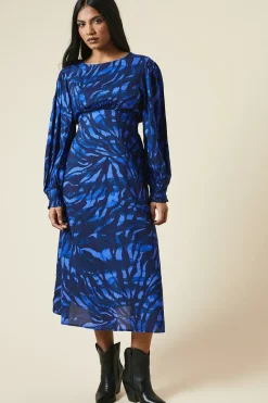 Petite Blue Zebra Shirred Cuff Midi Dress