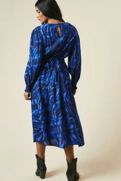 Petite Blue Zebra Shirred Cuff Midi Dress