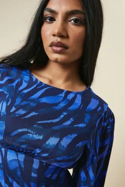 Petite Blue Zebra Shirred Cuff Midi Dress