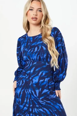 Petite Blue Zebra Shirred Cuff Mini Dress