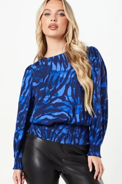 Petite Blue Zebra Shirred Hem Long Sleeve Blouse