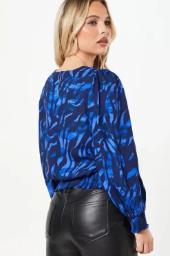 Petite Blue Zebra Shirred Hem Long Sleeve Blouse