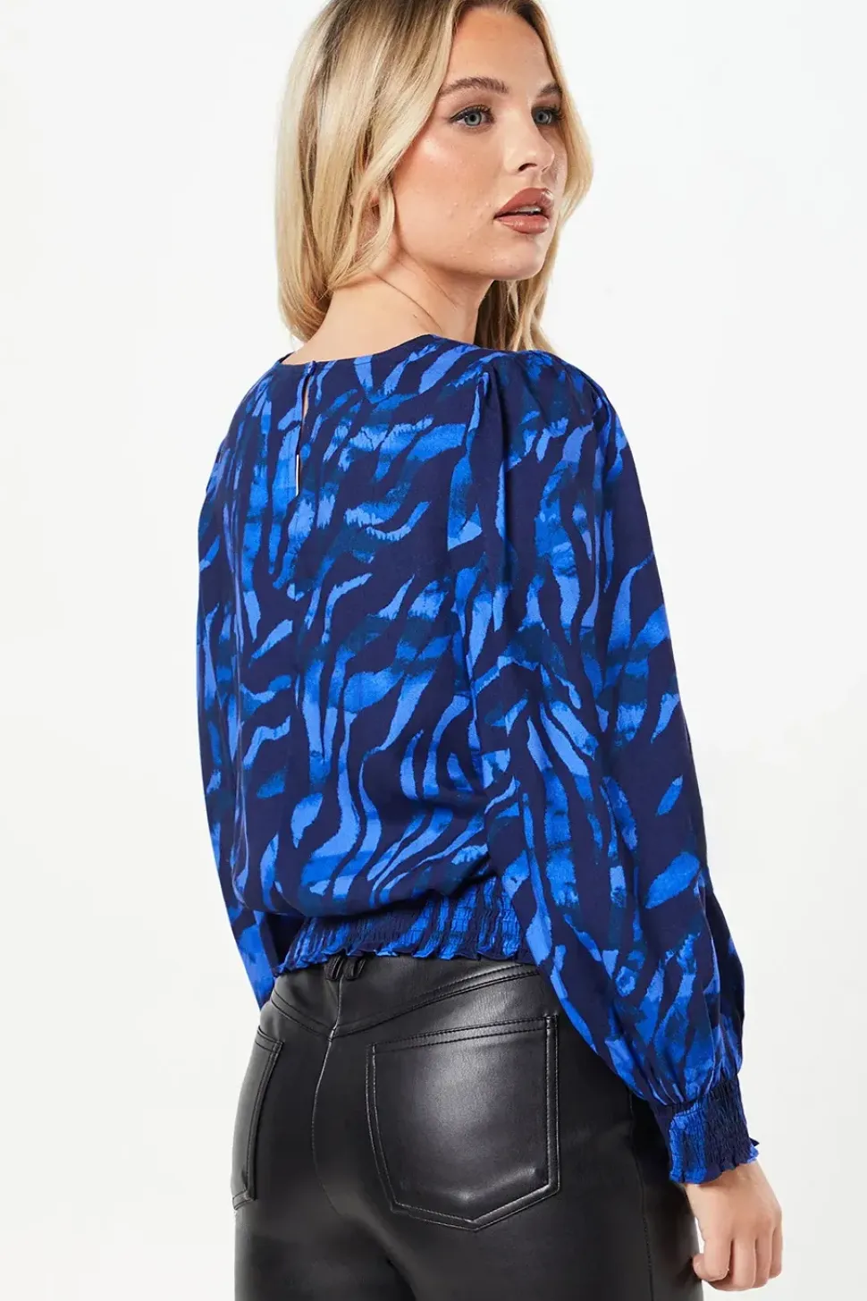 Petite Blue Zebra Shirred Hem Long Sleeve Blouse