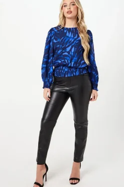 Petite Blue Zebra Shirred Hem Long Sleeve Blouse