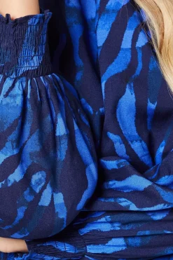 Petite Blue Zebra Shirred Hem Long Sleeve Blouse