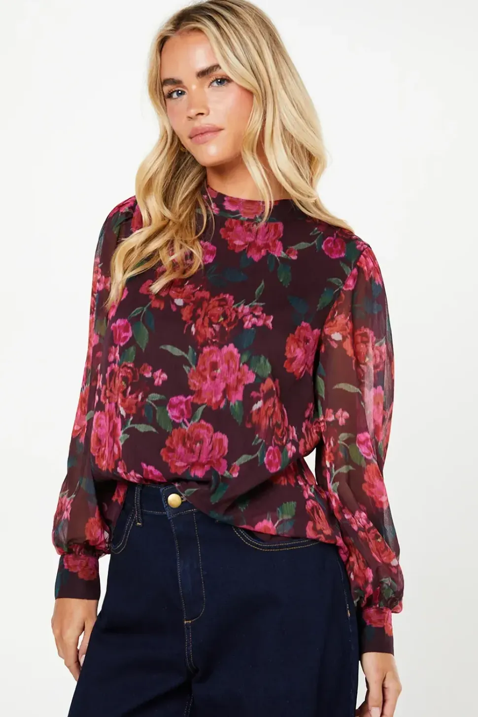 Petite Blurred Floral Chiffon High Neck Long Sleeve Blouse