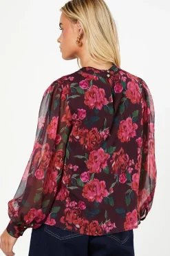 Petite Blurred Floral Chiffon High Neck Long Sleeve Blouse