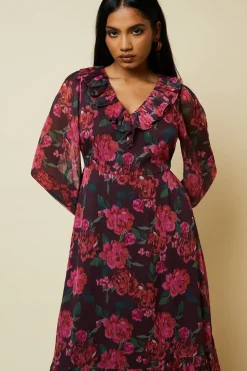 Petite Blurred Floral Chiffon Ruffle Neck Long Sleeve Midi Dress