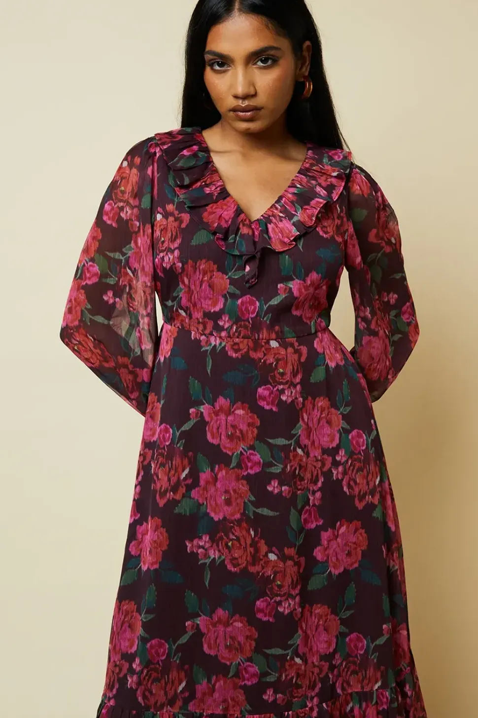 Petite Blurred Floral Chiffon Ruffle Neck Long Sleeve Midi Dress