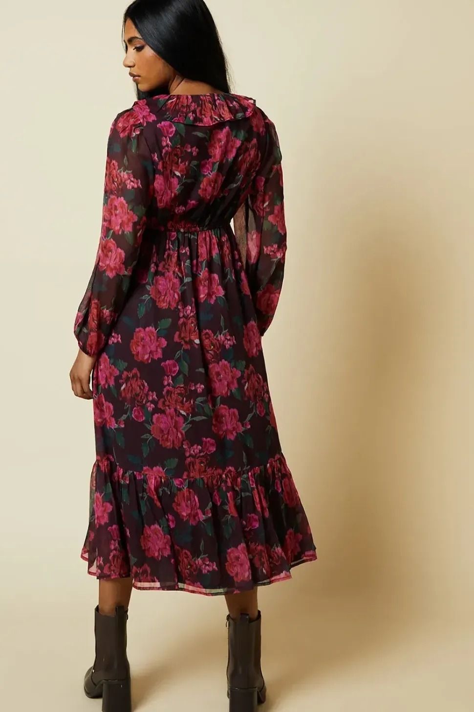 Petite Blurred Floral Chiffon Ruffle Neck Long Sleeve Midi Dress