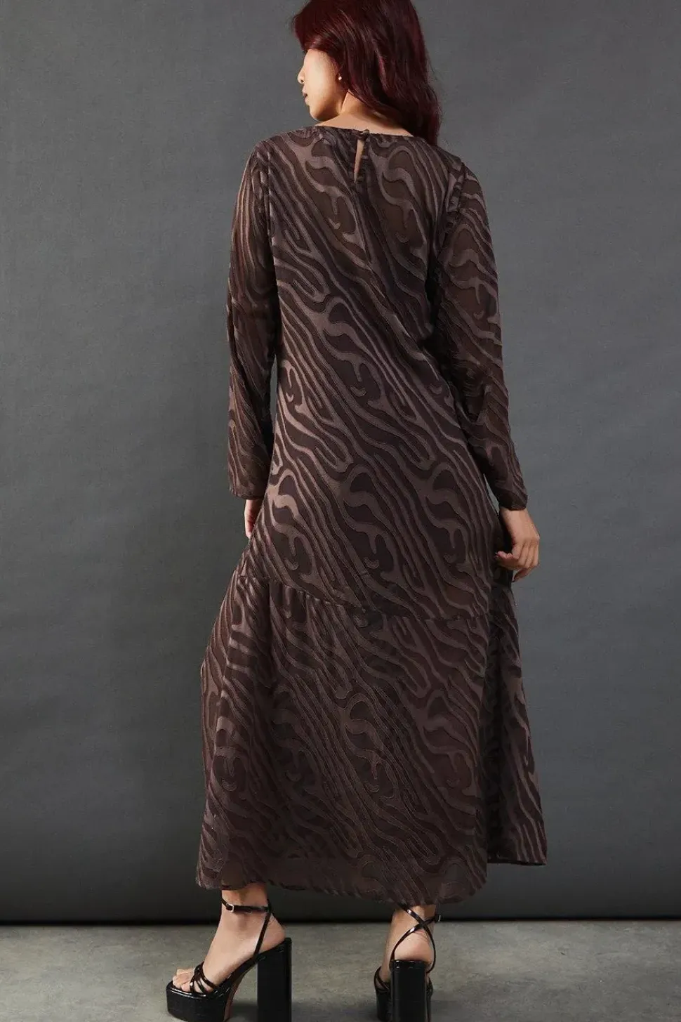 Petite Burnout Chiffon Column Long Sleeve Maxi Dress