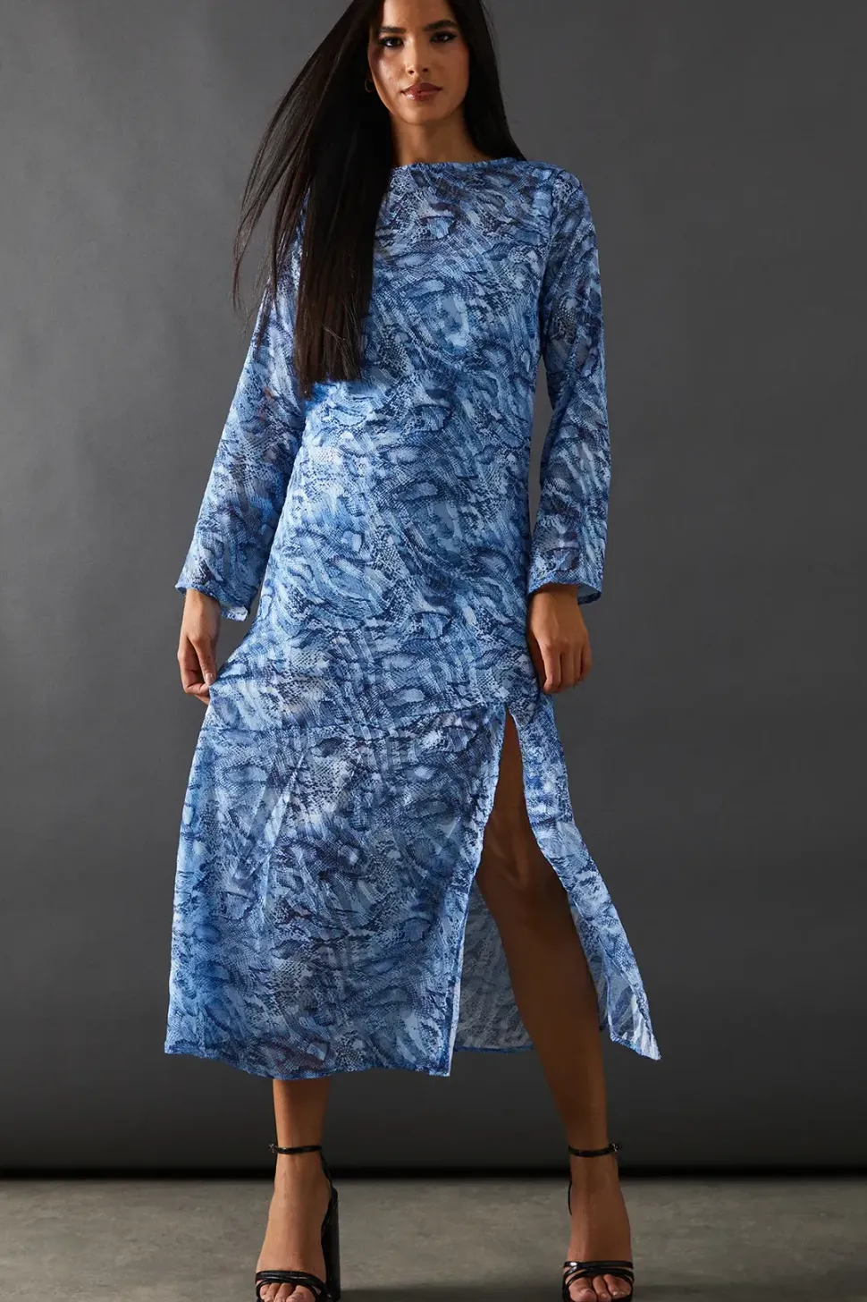 Petite Burnout Snake Chiffon Column Long Sleeve Maxi Dress