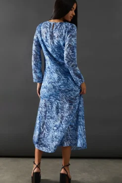 Petite Burnout Snake Chiffon Column Long Sleeve Maxi Dress