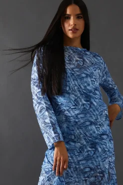Petite Burnout Snake Chiffon Column Long Sleeve Maxi Dress