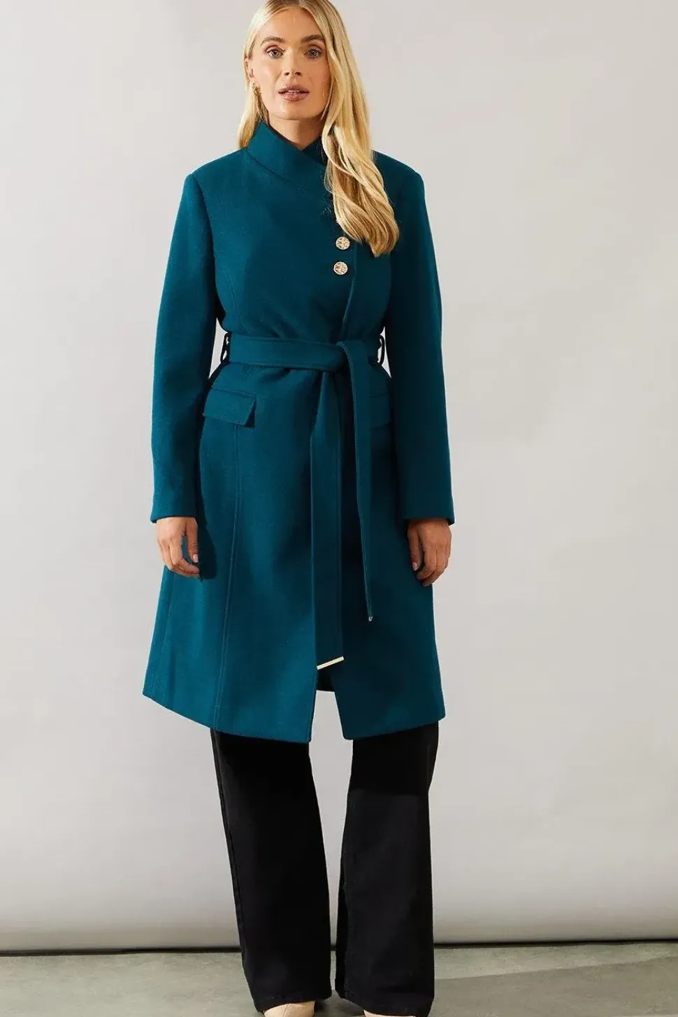 Petite Button Detail Belted Wrap Coat