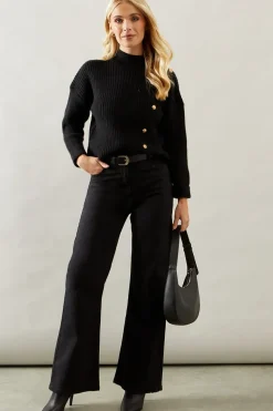 Petite Button Front Detail Ribbed Jumper