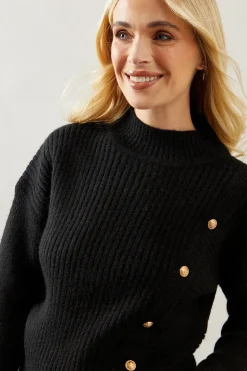 Petite Button Front Detail Ribbed Jumper