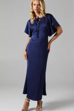 Petite Cape Sleeve Satin Bridesmaids Midi Dress