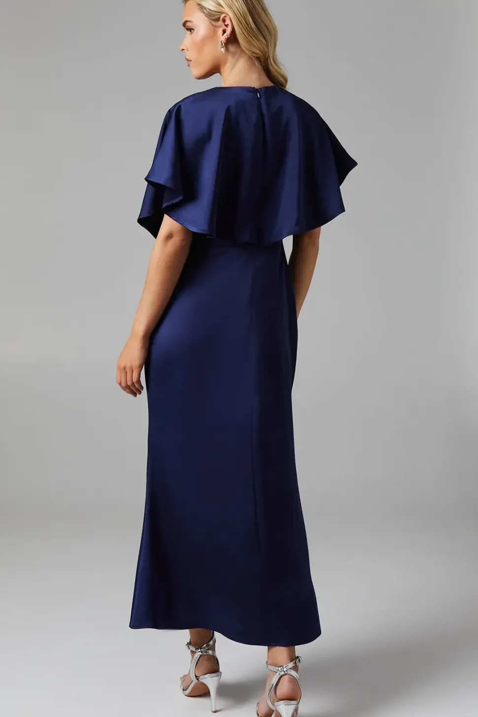 Petite Cape Sleeve Satin Bridesmaids Midi Dress
