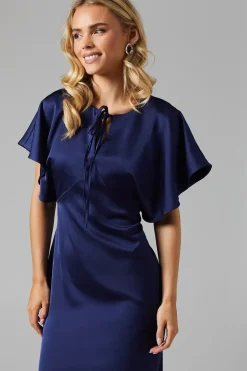 Petite Cape Sleeve Satin Bridesmaids Midi Dress