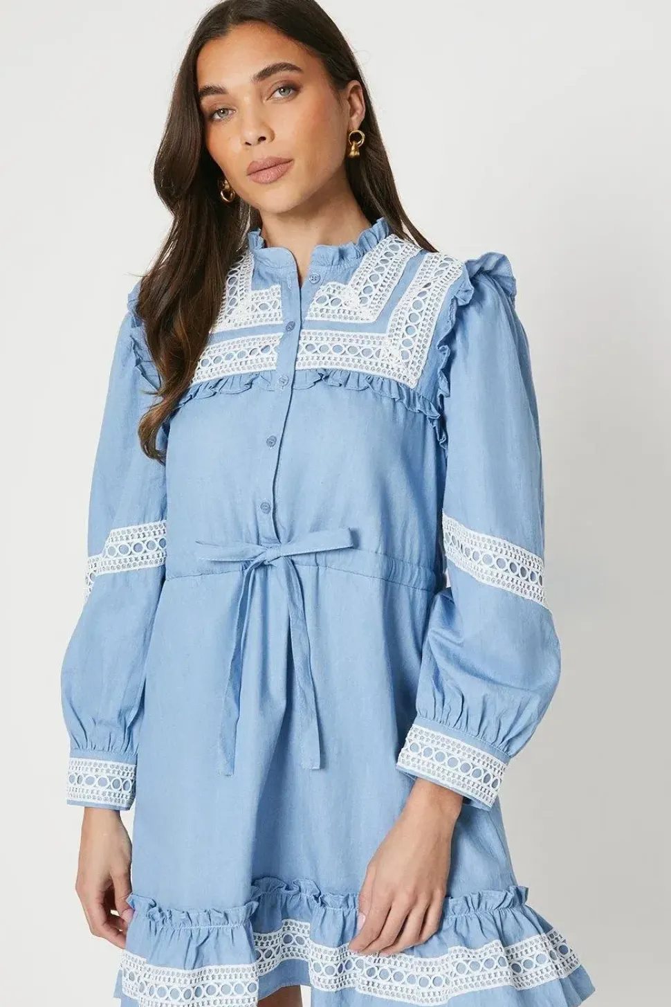 Petite Chambray Lace Trim Drawstring Mini Dress