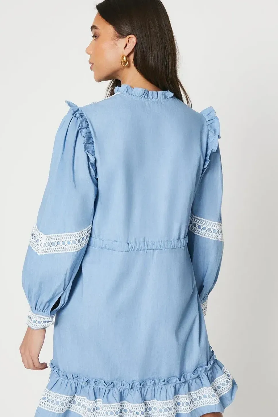 Petite Chambray Lace Trim Drawstring Mini Dress