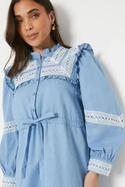 Petite Chambray Lace Trim Drawstring Mini Dress
