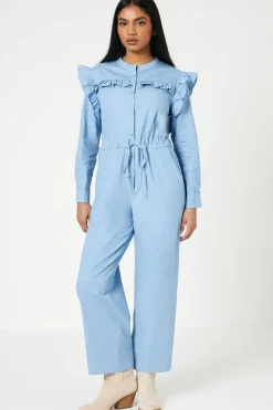 Petite Chambray Ruffle Drawstring Jumpsuit