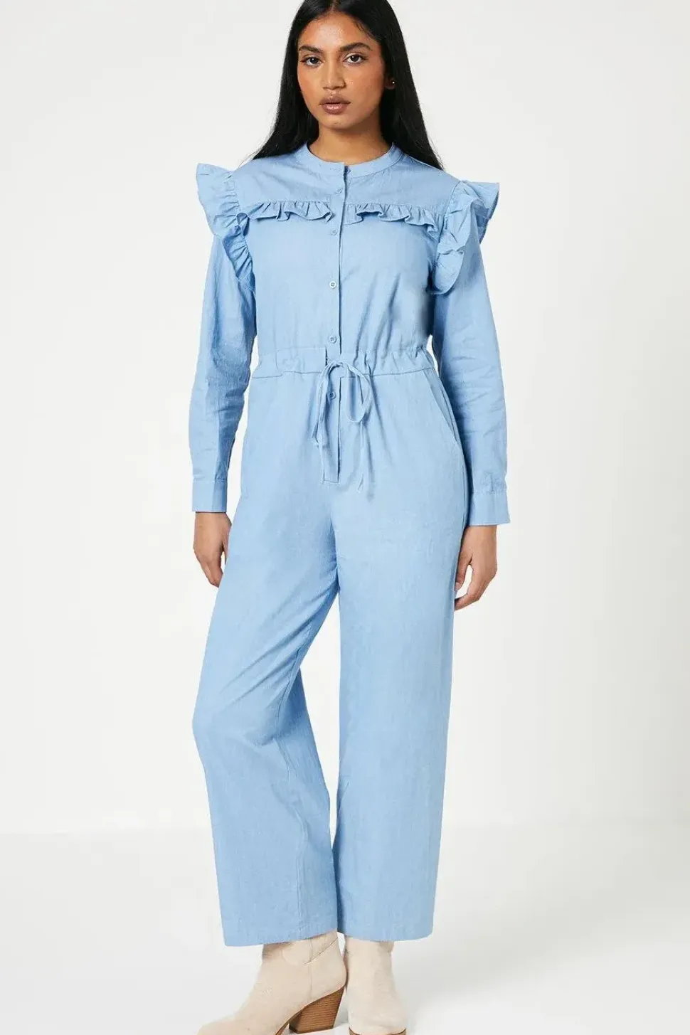 Petite Chambray Ruffle Drawstring Jumpsuit