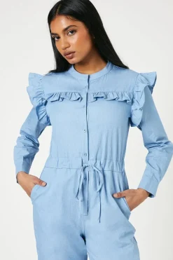 Petite Chambray Ruffle Drawstring Jumpsuit