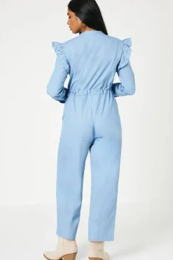 Petite Chambray Ruffle Drawstring Jumpsuit
