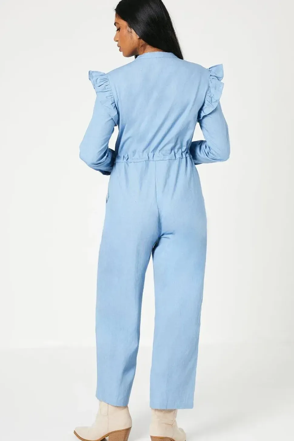 Petite Chambray Ruffle Drawstring Jumpsuit