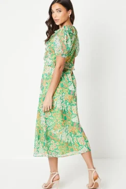 Petite Chiffon Frill Neckline Puff Sleeve Midi Dress