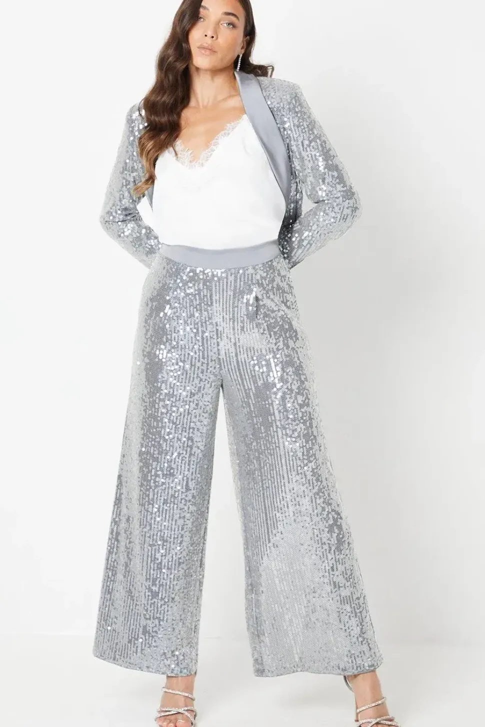 Petite Clear Sequin Wide Leg Trousers