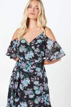 Petite Cold Shoulder Chiffon Wrap Midi Dress