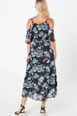 Petite Cold Shoulder Chiffon Wrap Midi Dress