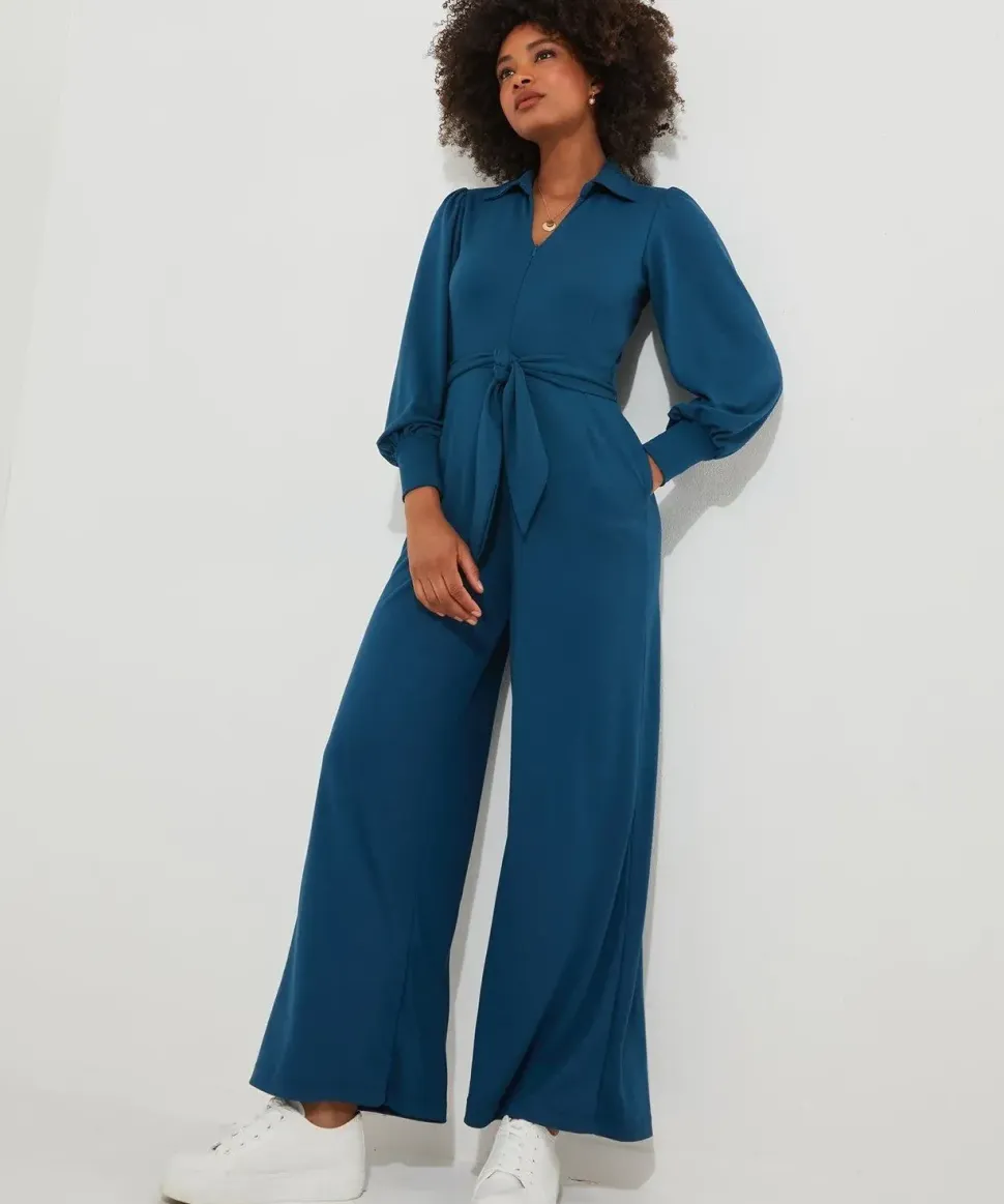 PETITE Collared Straight Leg Jersey Jumpsuit