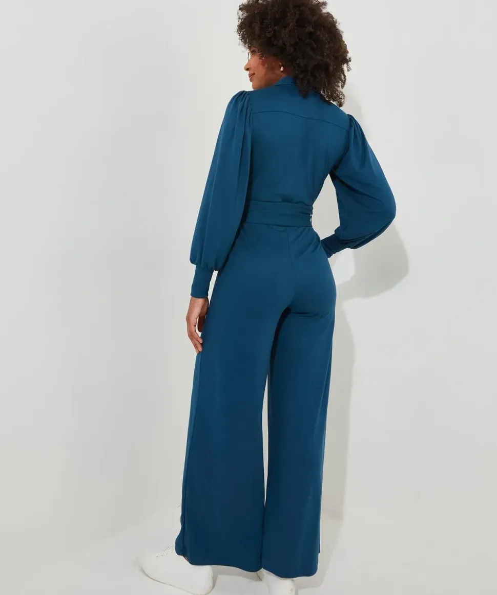 PETITE Collared Straight Leg Jersey Jumpsuit