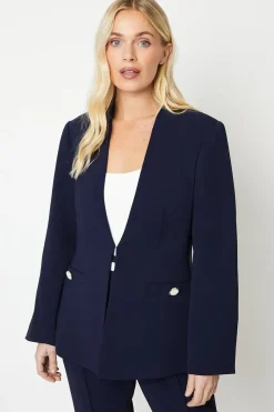 Petite Collarless Button Detail Edge To Edge Jacket