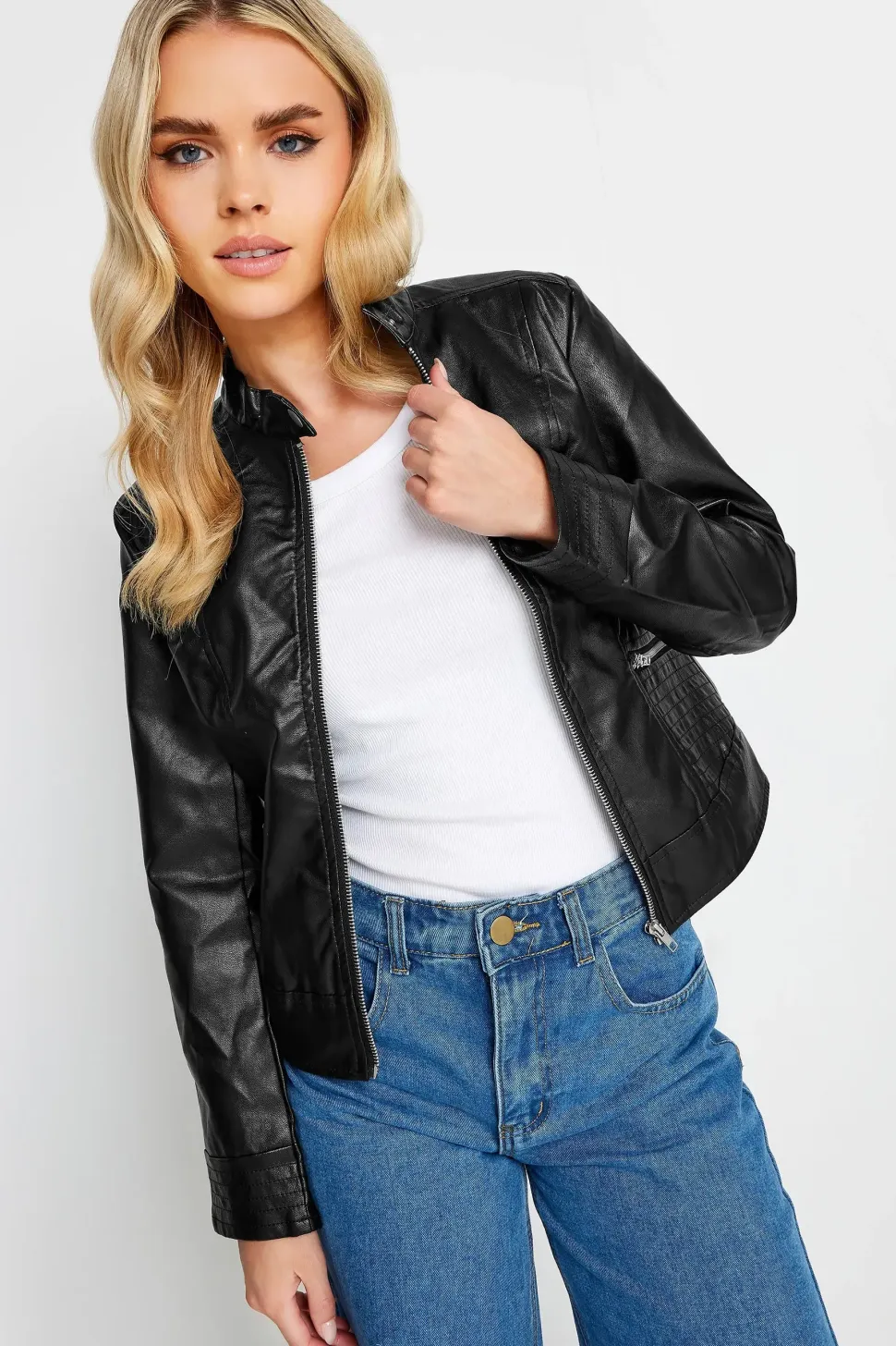 Petite Collarless Faux Leather Jacket