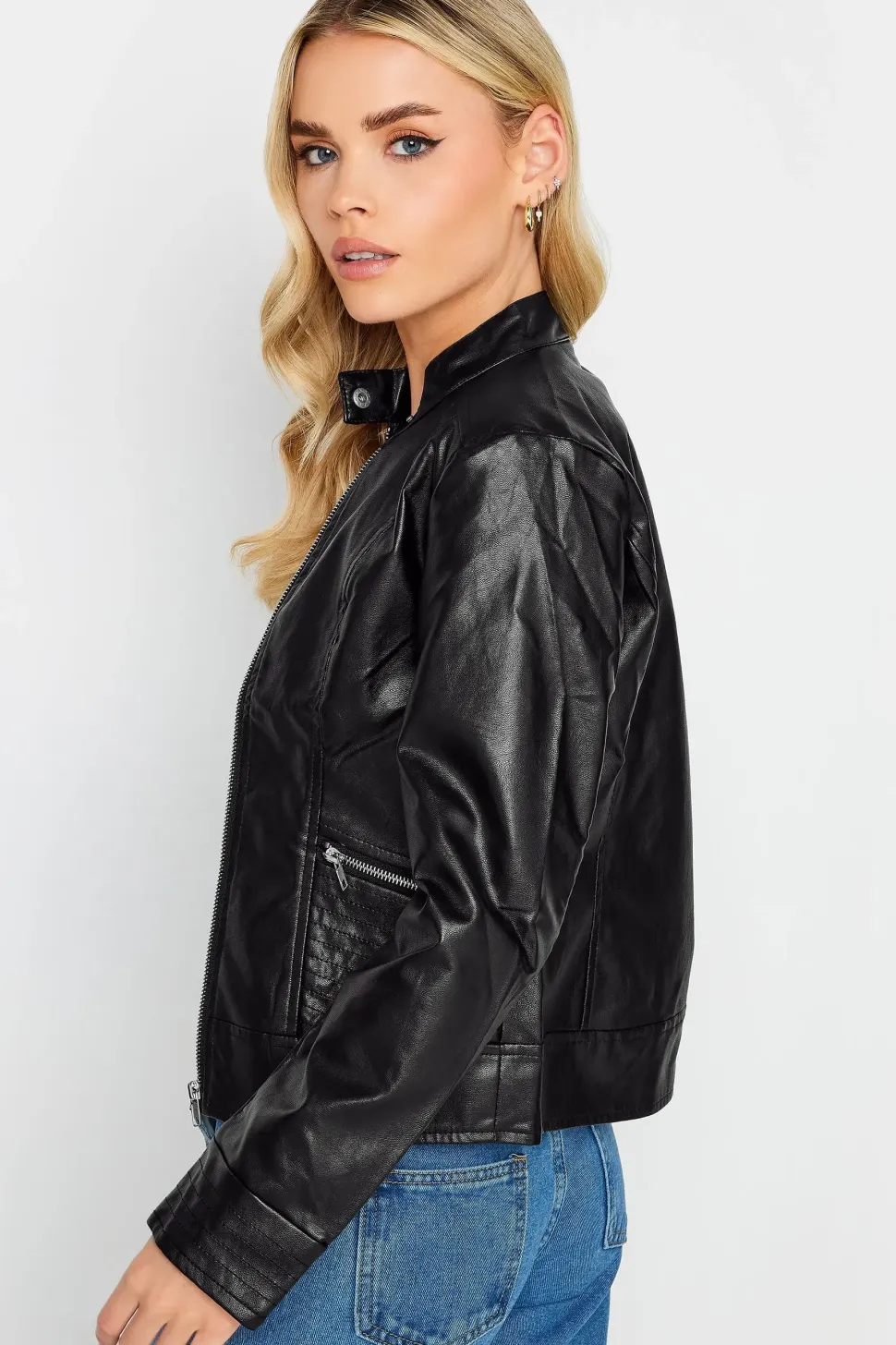 Petite Collarless Faux Leather Jacket