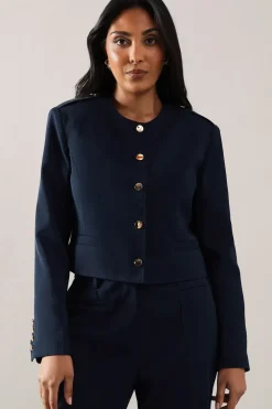 Petite Collarless Military Jacket