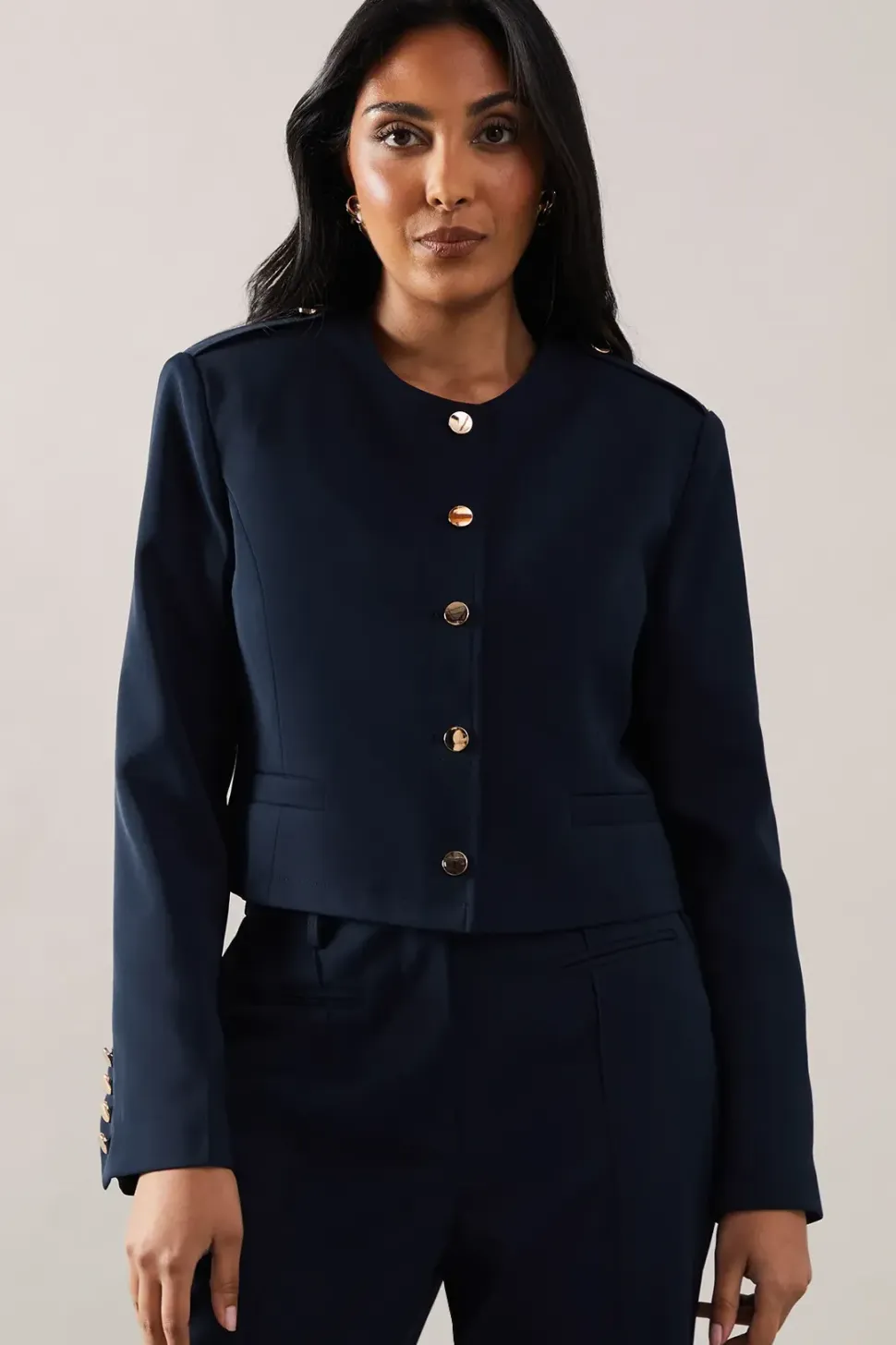 Petite Collarless Military Jacket