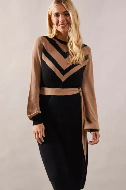 Petite Colour Block Belted Knitted Midi Dress