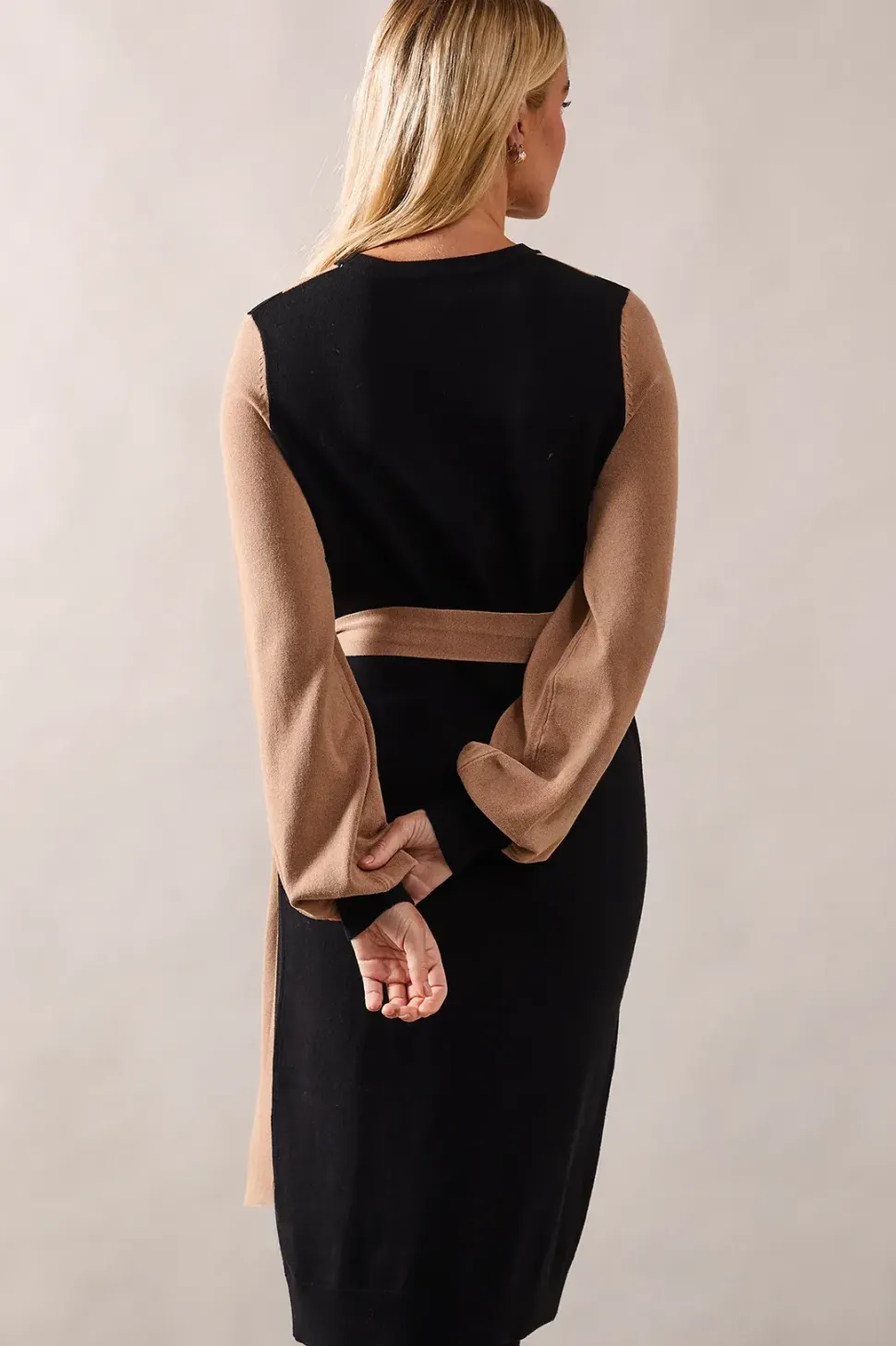 Petite Colour Block Belted Knitted Midi Dress