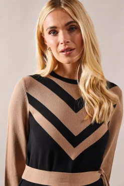 Petite Colour Block Belted Knitted Midi Dress